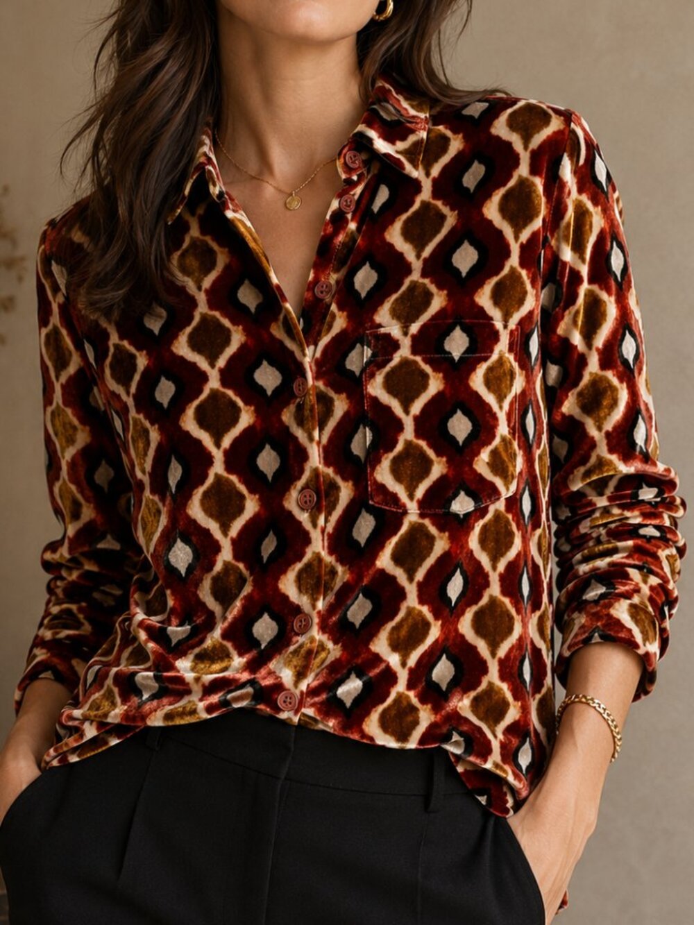 Maliparmi Velvet Silk Blend Button Down Shirt Italy Geometric Print M